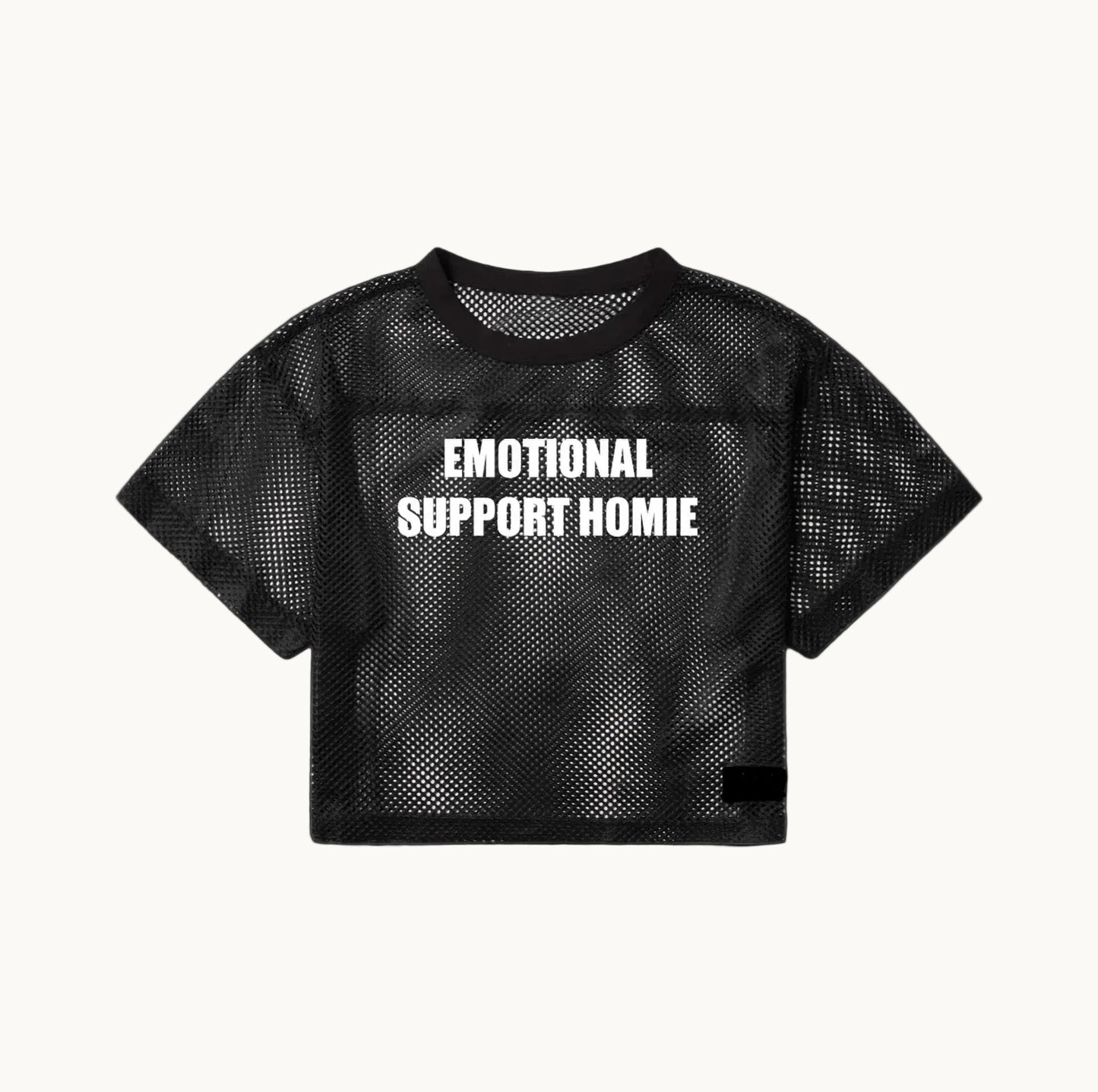 Black mesh crop top with 'EMOTIONAL SUPPORT HOMIE' text on a white background