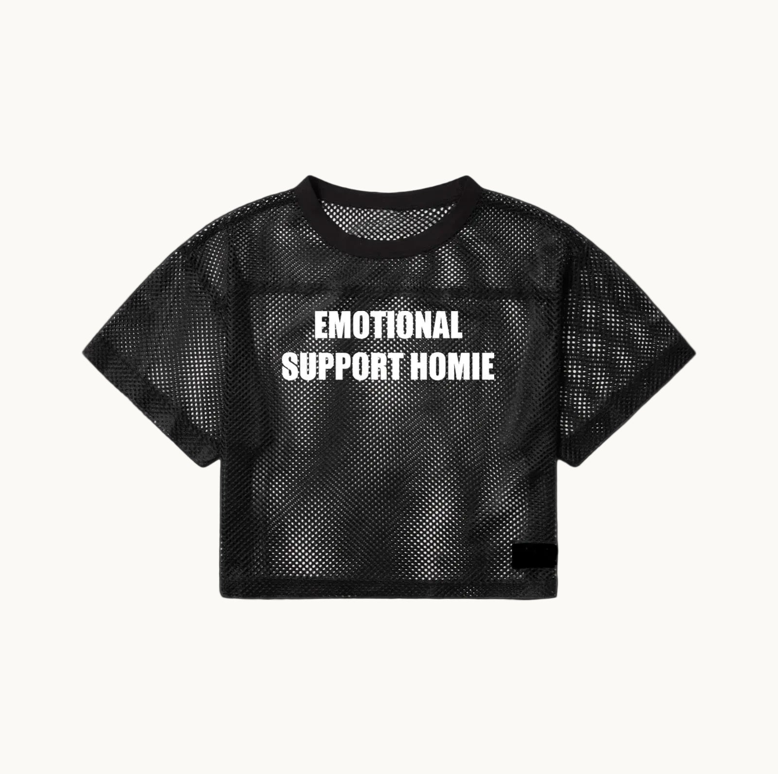 Black mesh crop top with 'EMOTIONAL SUPPORT HOMIE' text on a white background
