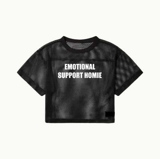 Black mesh crop top with 'EMOTIONAL SUPPORT HOMIE' text on a white background