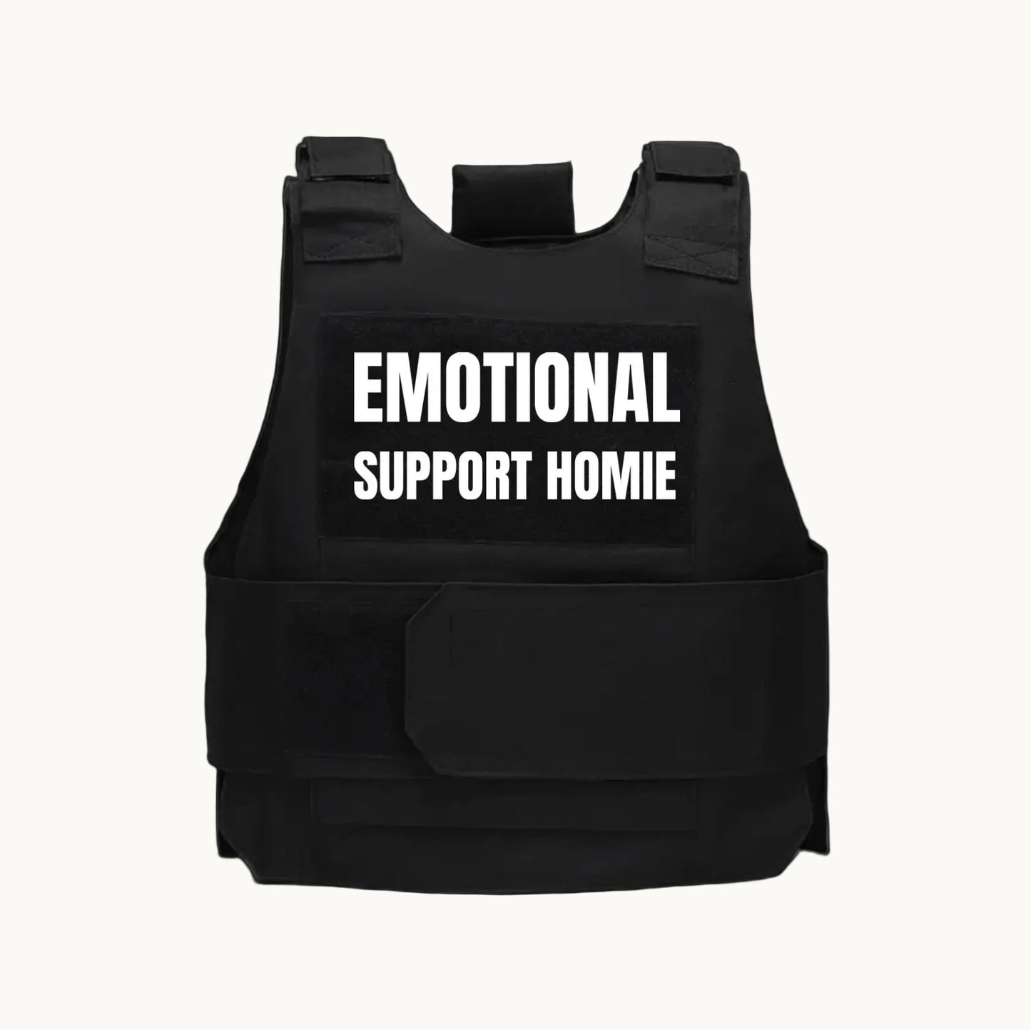 Black tactical vest with 'EMOTIONAL SUPPORT HOMIE' text on a white background