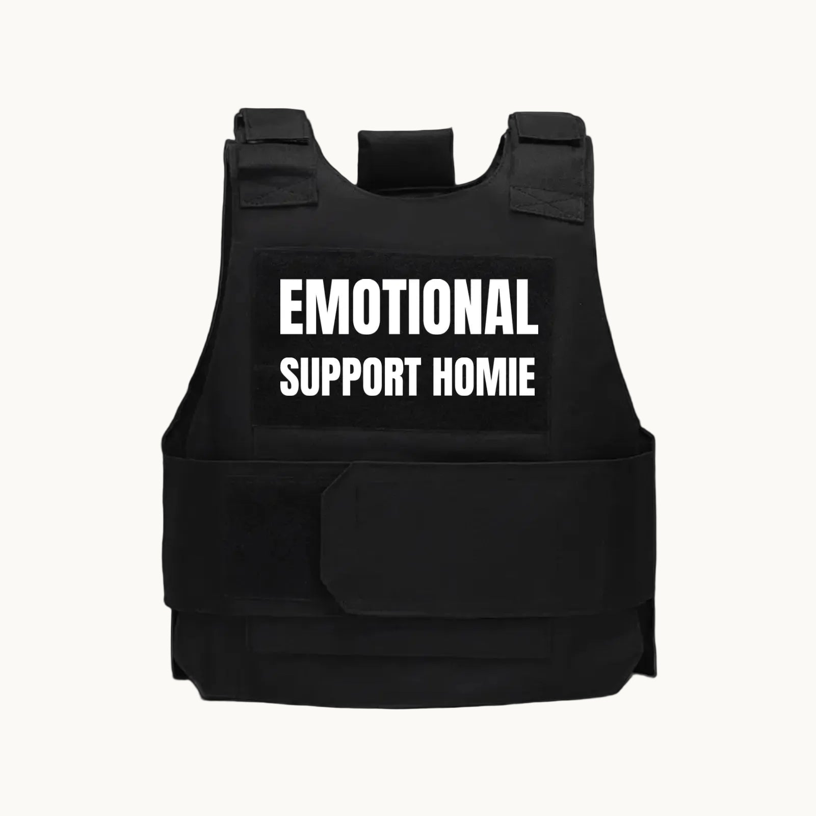 Black tactical vest with 'EMOTIONAL SUPPORT HOMIE' text on a white background