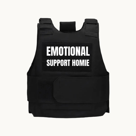 Black tactical vest with 'EMOTIONAL SUPPORT HOMIE' text on a white background