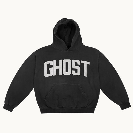 Black hoodie with 'GHOST' printed on it against a white background for Armani White's tour