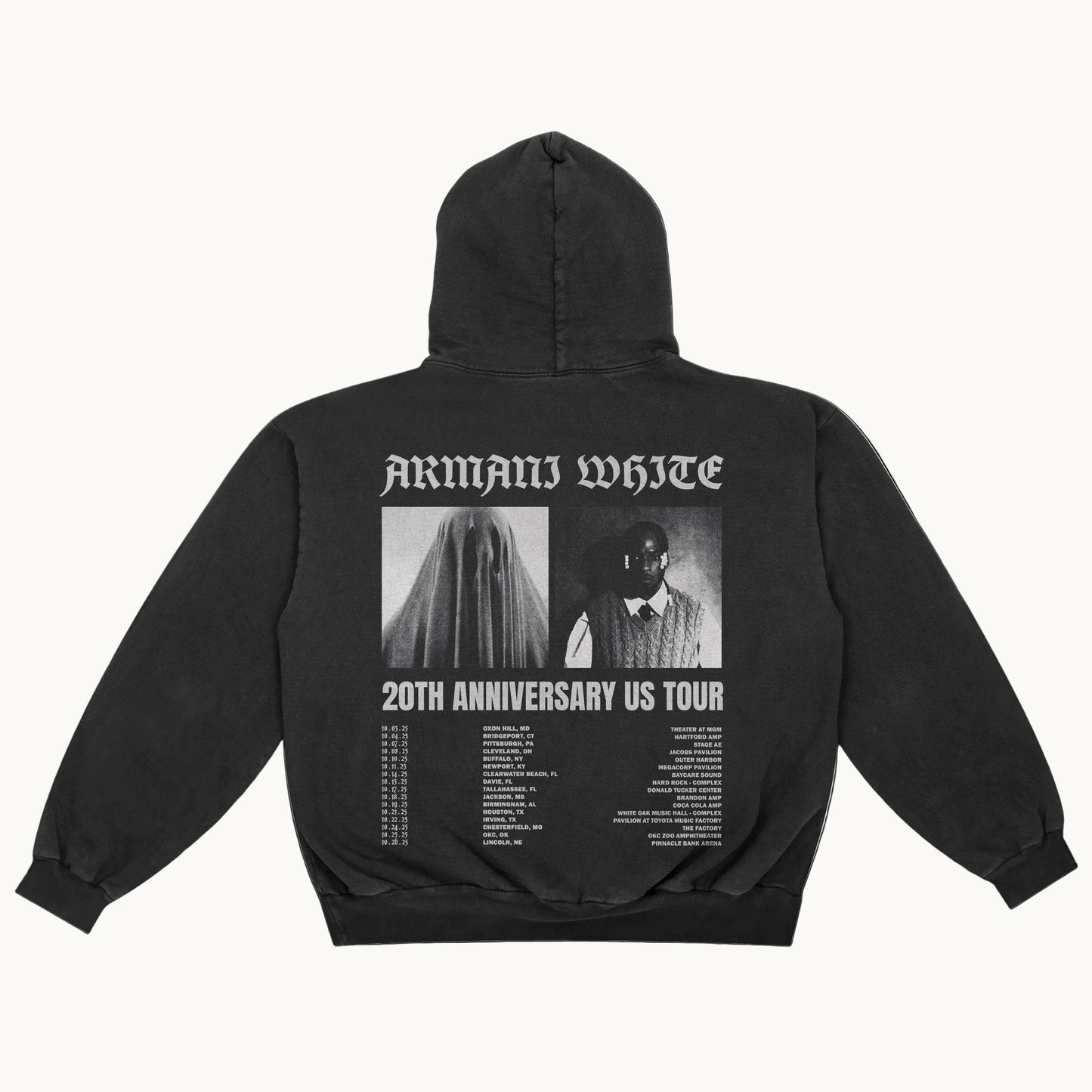 Black hoodie with a graphic design on the back featuring text and images, on a white background for Armani White's tour